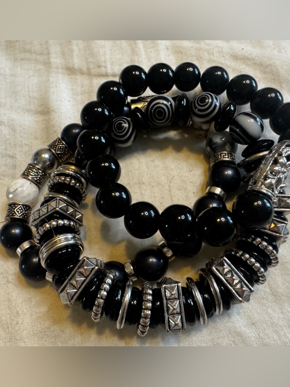 Trio Of Black & Silver Tone Stretchy Chunky Bracelets